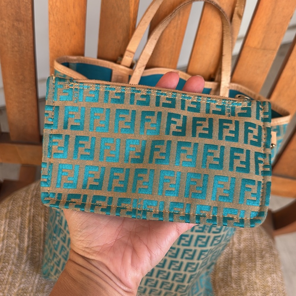 Fendi Zucchino Tote w/ Pouch – Rare Turquoise Monogram w/ COA - Picture 7 of 15